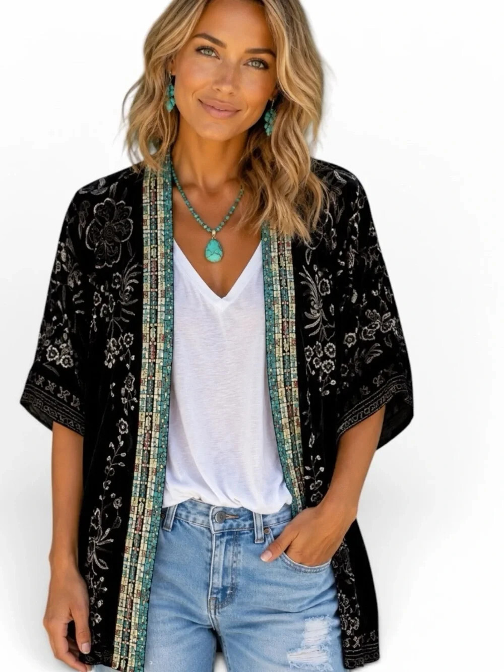 Johnny Was Black Velvet Embroidered Okinawa Kimono Floral Open Front Size XXL
